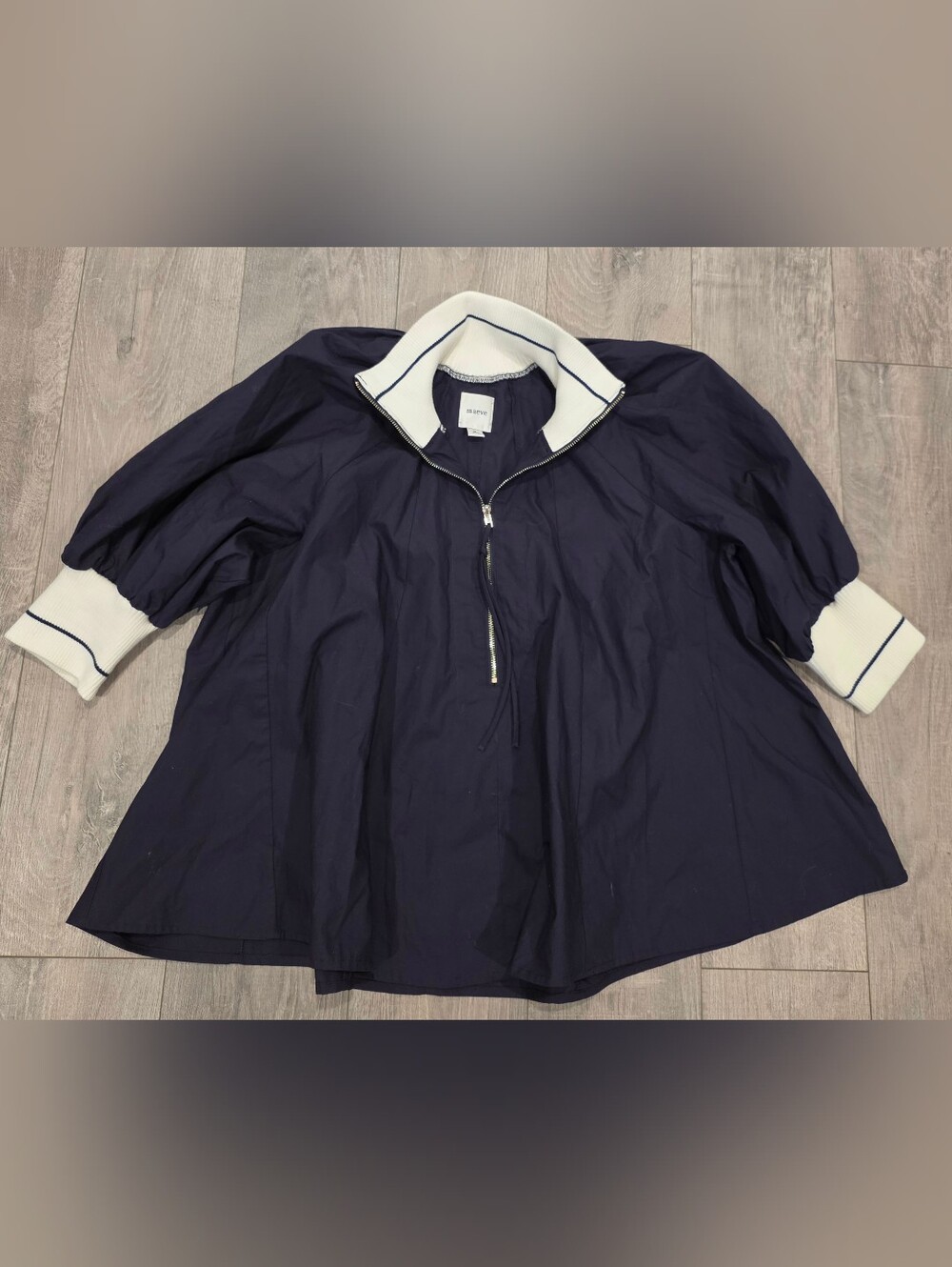 Maeve Anthropologie Navy Cream Statement Collar Gold Zip Top Medium